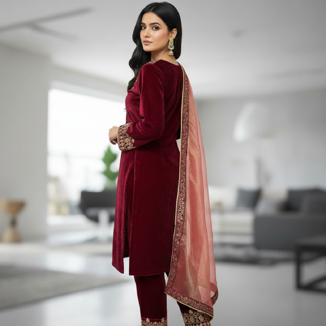 Joban Fashion Maroon Velvet Embroidery Sequence Work Readymade Kurta Set - Distacart
