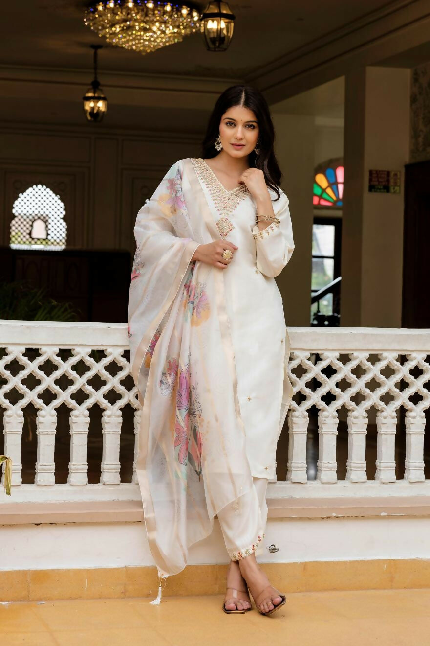 The52 White Women's Beautiful Viscose Chanderi Fabric Embroidered Work Straight Kurta Pant and Dupatta Set - Distacart