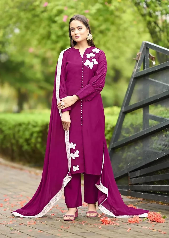 Nikhaar Dark Pink Embroidered Art Silk Straight Cut Readymade Pakistani Suit