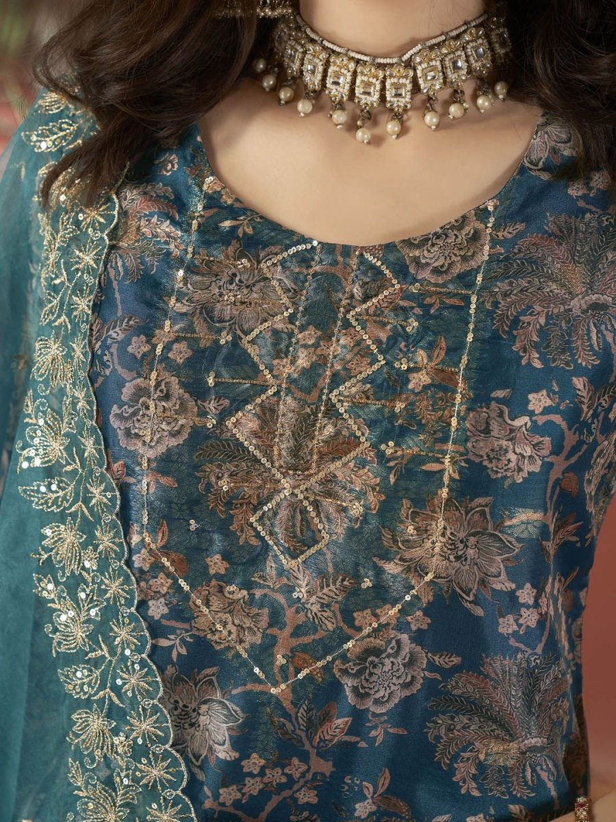 Anouk Teal Floral Embroidered Sequinned Organza Straight Kurta With Trouser & Dupatta - Distacart