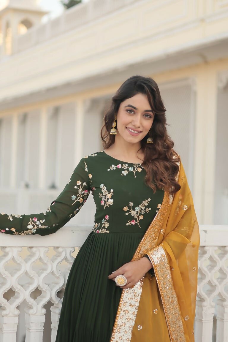 Aastha Fashion Women's Bottle Green Faux Georgette Sequins Embroidered Anarkali Dress with Dupatta - Distacart