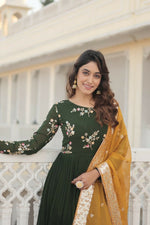 Thumbnail for Aastha Fashion Women's Bottle Green Faux Georgette Sequins Embroidered Anarkali Dress with Dupatta - Distacart