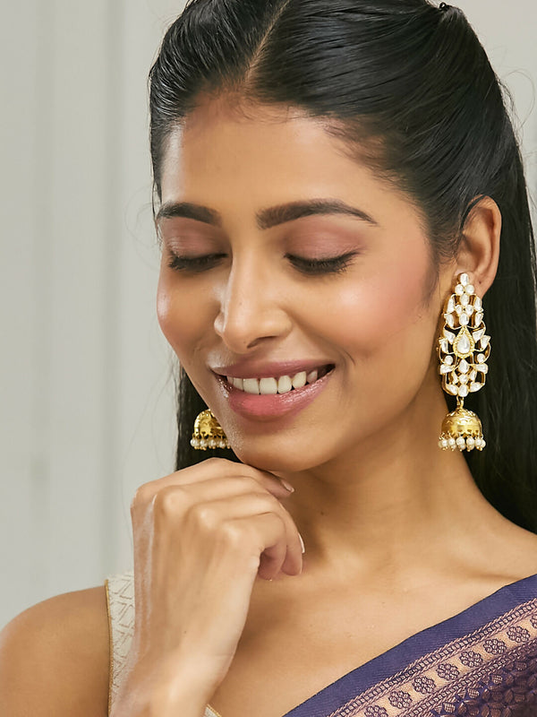 Nuyug 22K Gold-Plated Regal Kundan Stone Studded & Pearl Drop Jhumkas