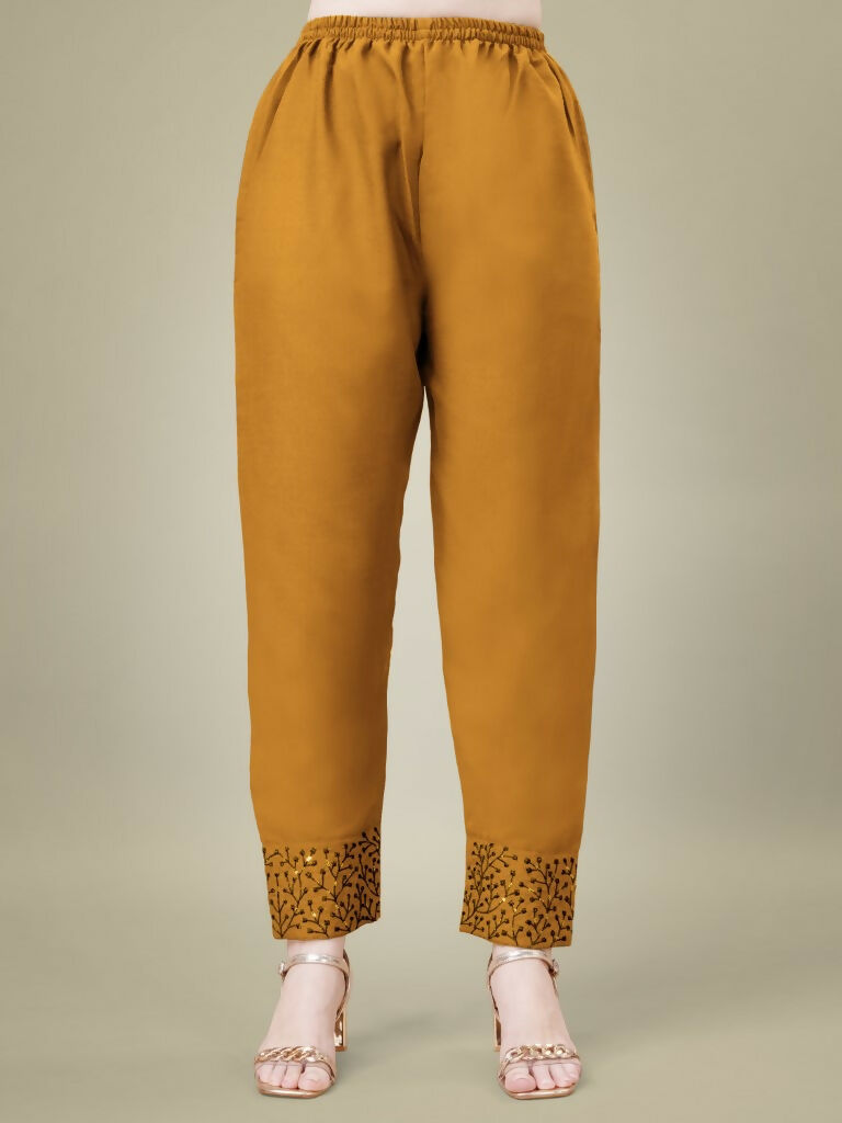 Jyoti Fashion Women's Mustard Cotton Blend Embroidery & Sequence work Kurta with Trouser & Dupatta - Distacart