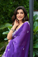 Thumbnail for Vastranavya Purple-Blue Embroidery Work Shimmer Chiffon Saree with Unstitched Blouse