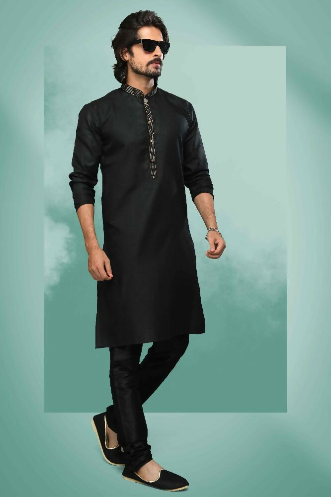 Raivat Ethnic Cotton Pintux Work Kurta Pajama In Black Colour - Dista