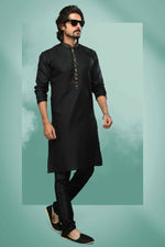Thumbnail for Raivat Ethnic Cotton Pintux Work Kurta Pajama In Black Colour - Dista