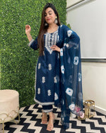 Thumbnail for Preksha Creation Reyon Cotton Top With Chikankari Embroidery Work With Blue Women Gown With Dupatta And Pant - Blue - Distacart