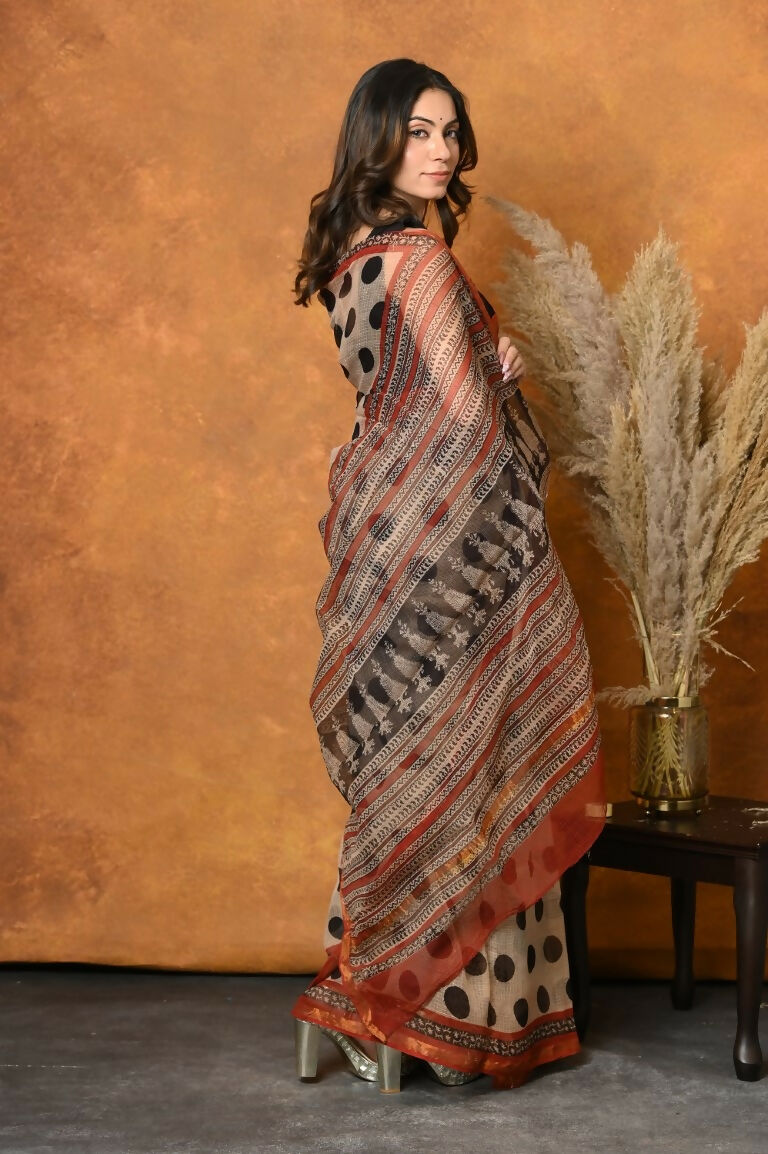 Very Much Indian Handblock Printed Cotton Saree With Natural Dyes - White - Distacart