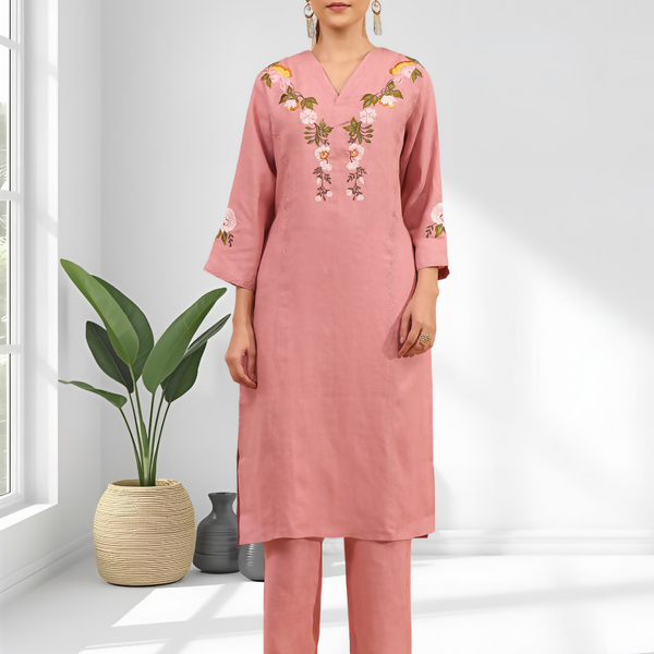 Joban Fashion Pink Linen Embroidered Readymade Long Kurta With Pant - Distacart
