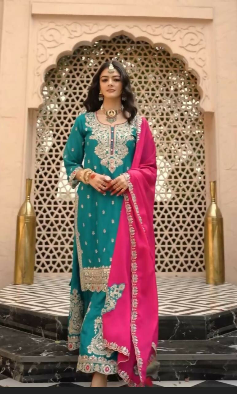 Teeya Creation Womens New Wedding Wear Heavy Embroidery Thread Work Teal Kurta Set - Dista