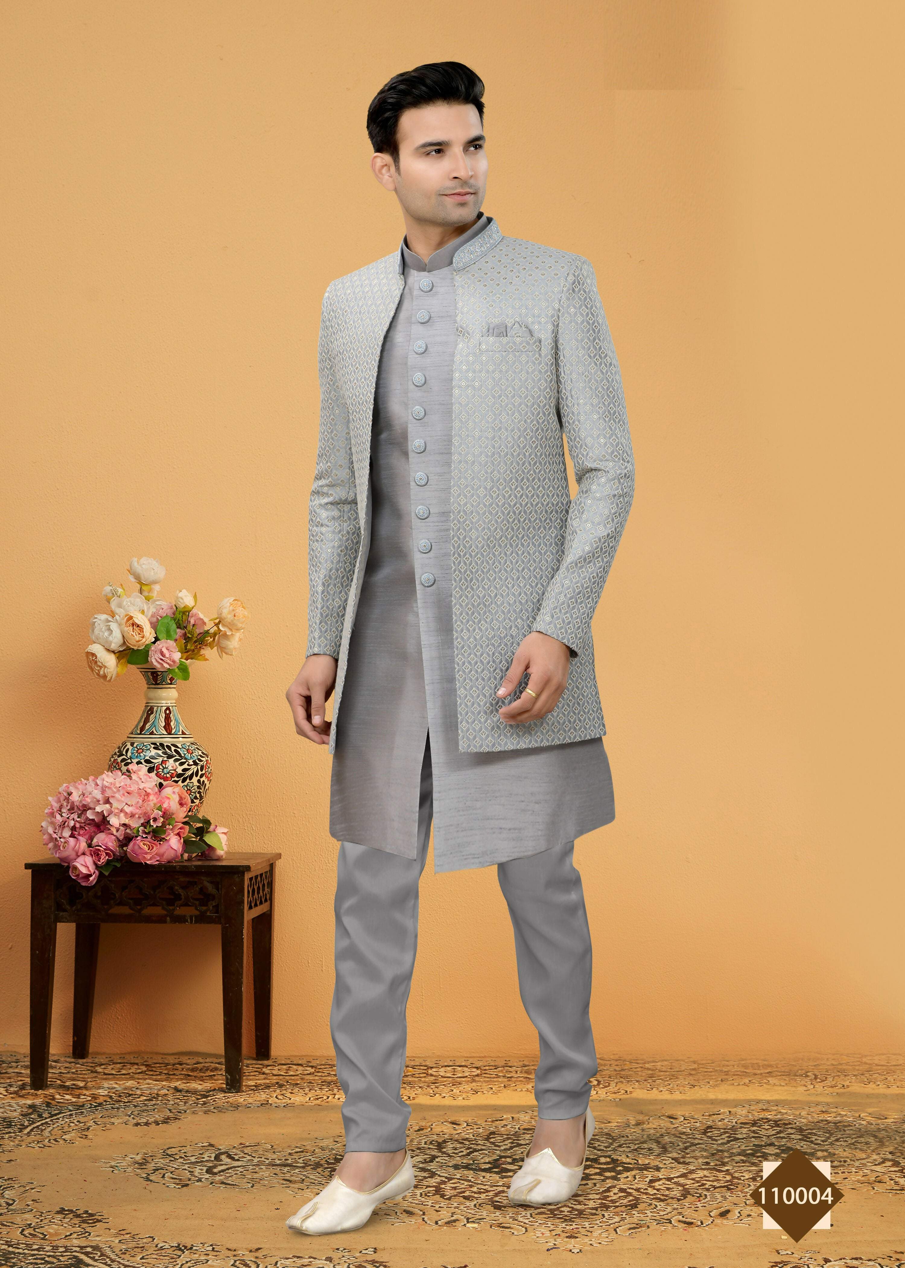 Joban Fashion Men's Grey Art Silk Plain Kurta Pyjama set - Distacart