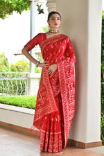 Thumbnail for Vishnu Weaves Women's Red Handloom Raw Silk Thread Weaving Saree with Blouse