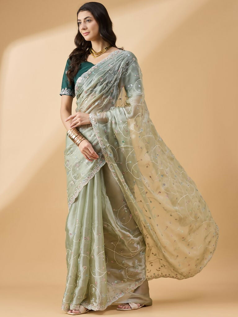 Green Organza Sequence Embroidered Saree with Unstitched Blouse - Satya - Distacart