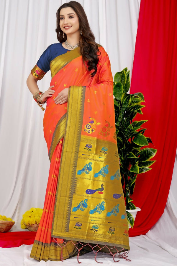 Jyoti Fashion Women's Orange Paithani Silk Zari Woven Saree with Blouse - Distacart