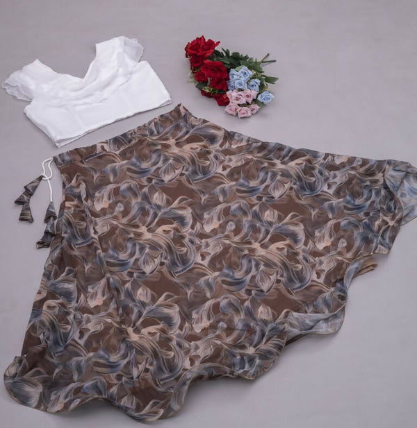 Preksha Creation Indian Festive Georgette Digital Print Women Lehenga Choli And Crop Top - White & Brown - Distacart