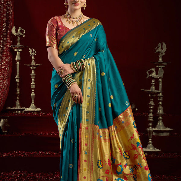 Joban Fashion Teal Paithani Silk Blend Butti Saree