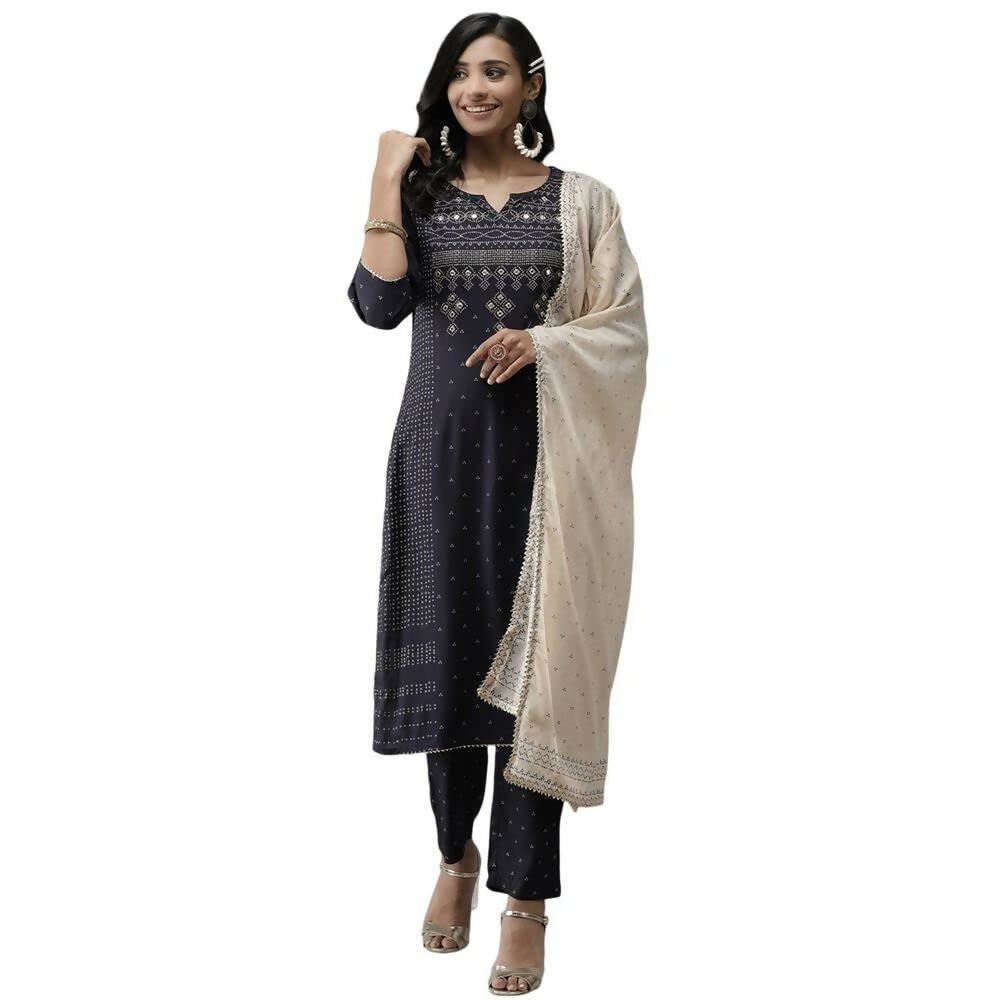 Anubhutee Women's Navy Motifs Yoke Design Kurta Palazzos with Dupatta - Distacart