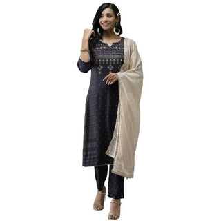 Anubhutee Women's Navy Motifs Yoke Design Kurta Palazzos with Dupatta - Distacart