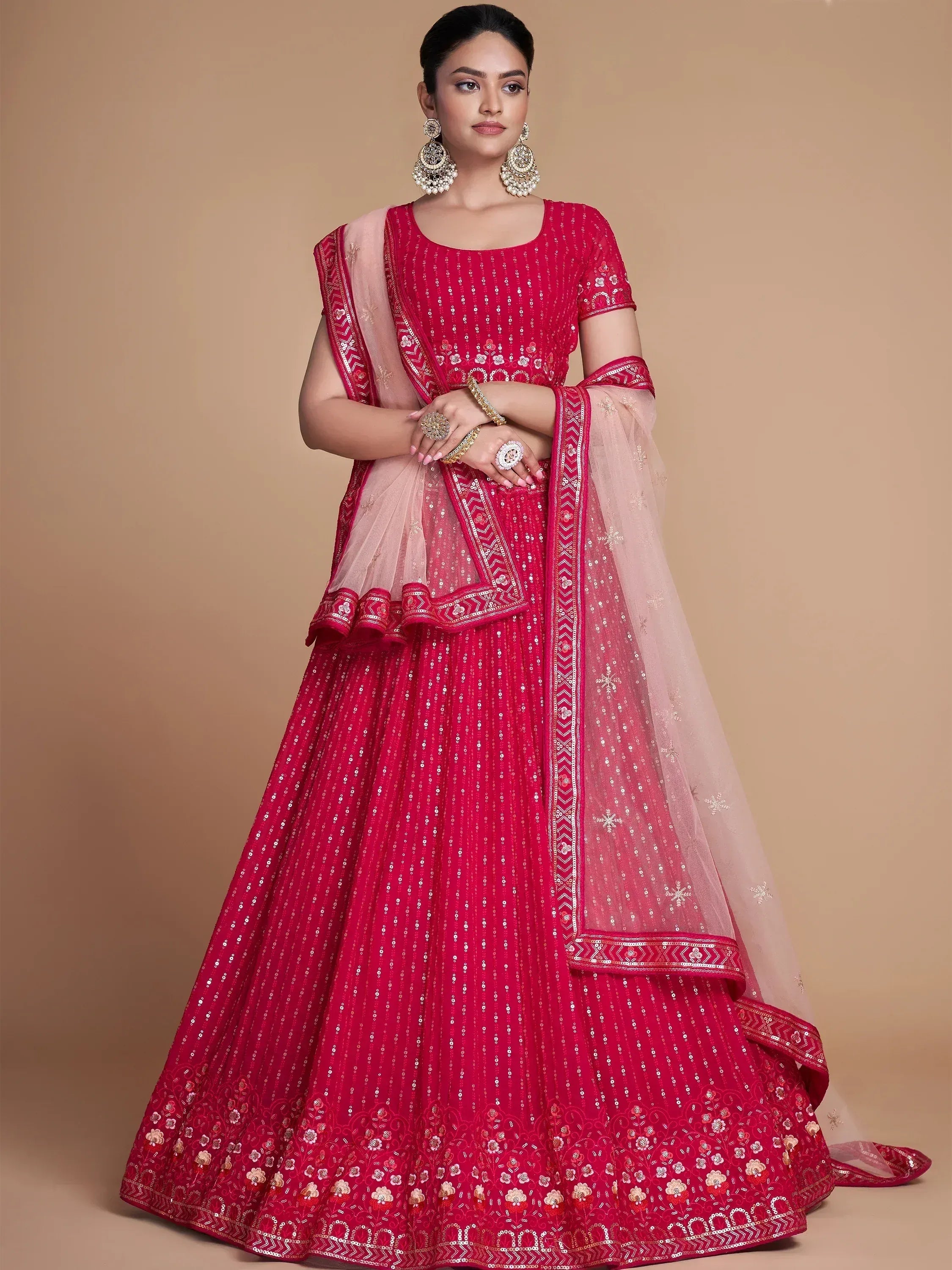 Tulsi Art Wondrous Rose Pink Sequined Georgette Bridesmaid Lehenga Choli