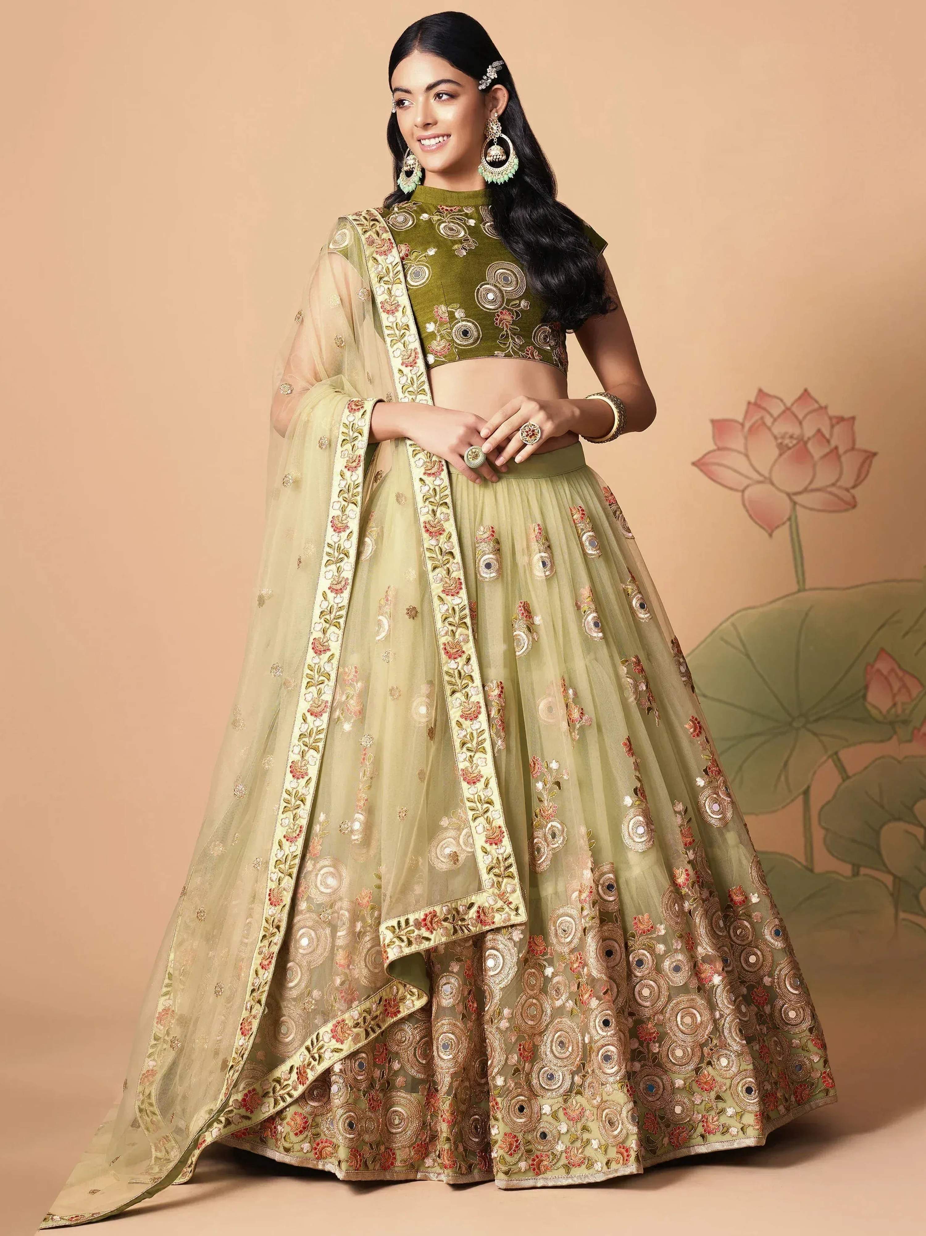 Tulsi Art Impressive Pista Green Net Embroidered Wedding Lehenga Choli - Dista