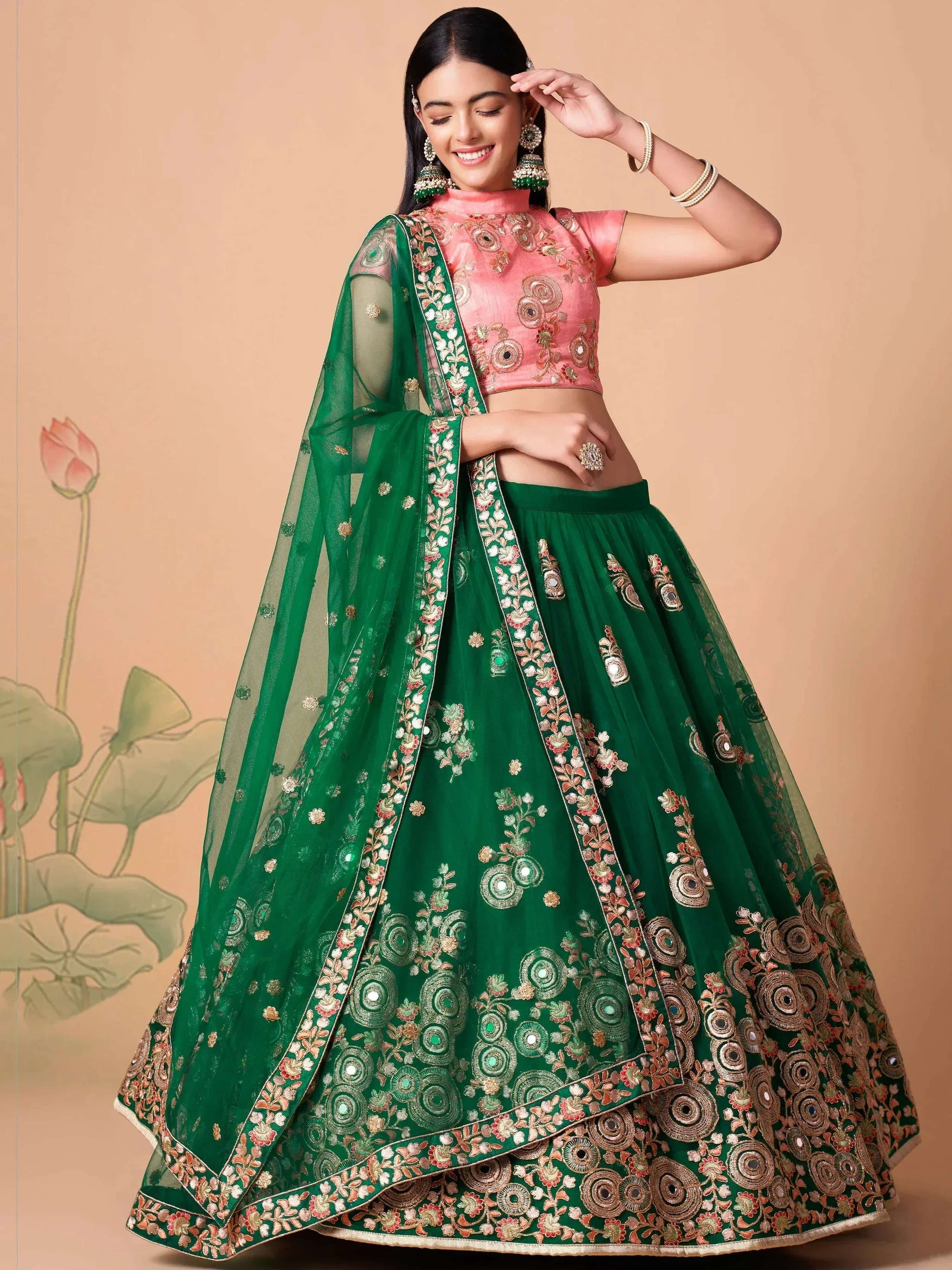 Tulsi Art Stunning Green Embroidered Net Designer Lehenga Choli