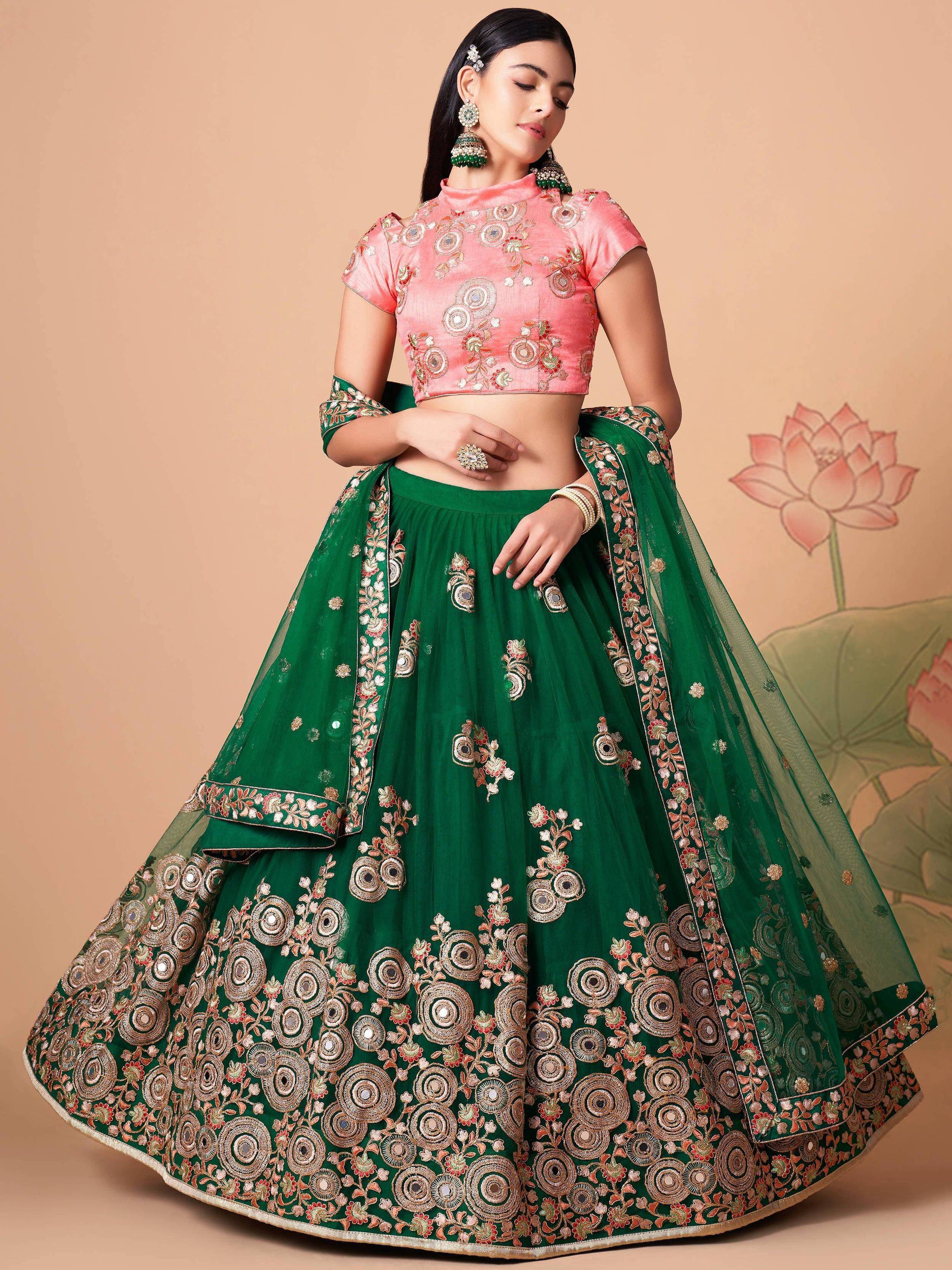 Tulsi Art Stunning Green Embroidered Net Designer Lehenga Choli