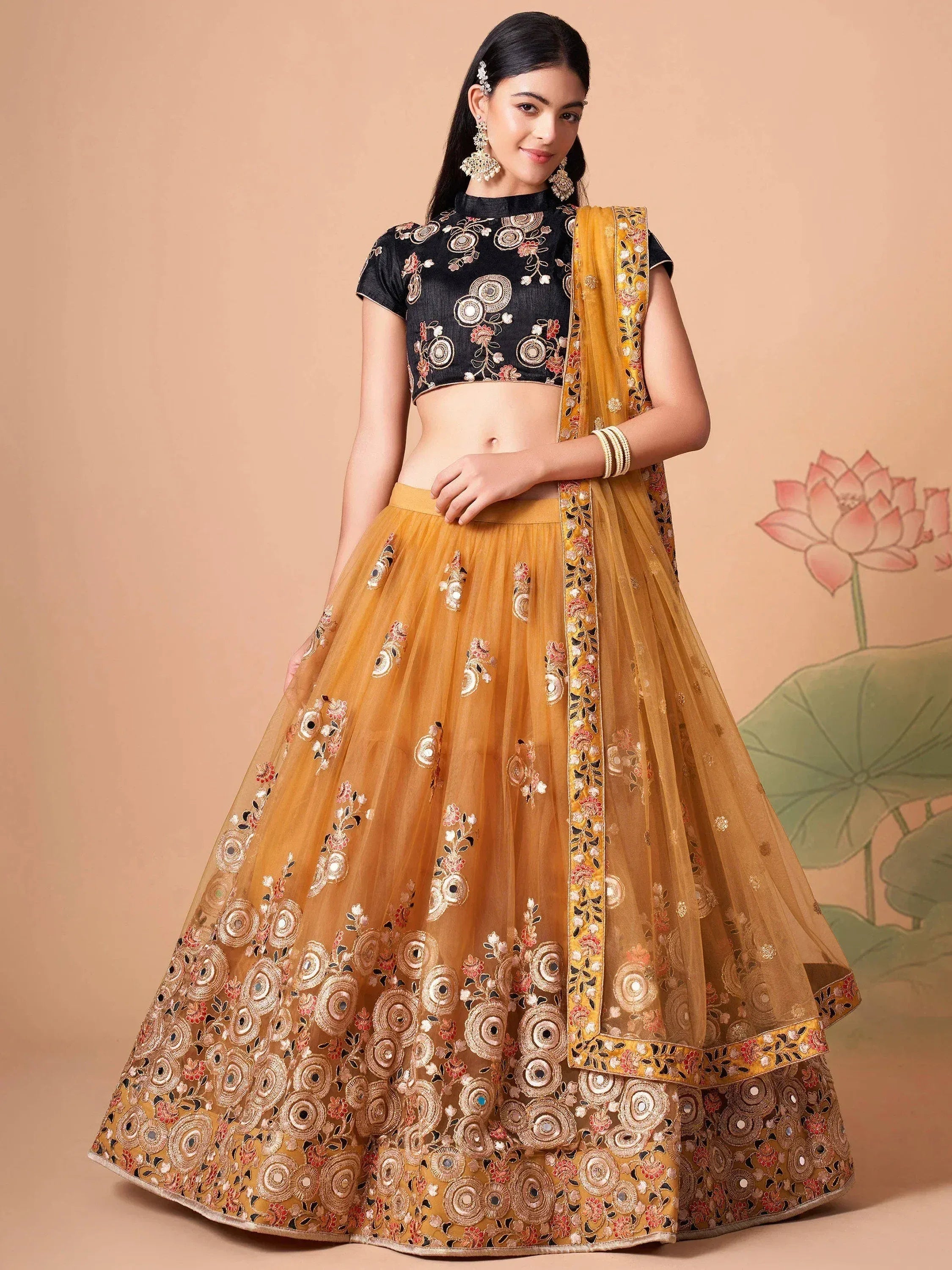 Tulsi Art Fabulous Yellow Mirror Embroidered Net Festive Lehenga Choli - Dista