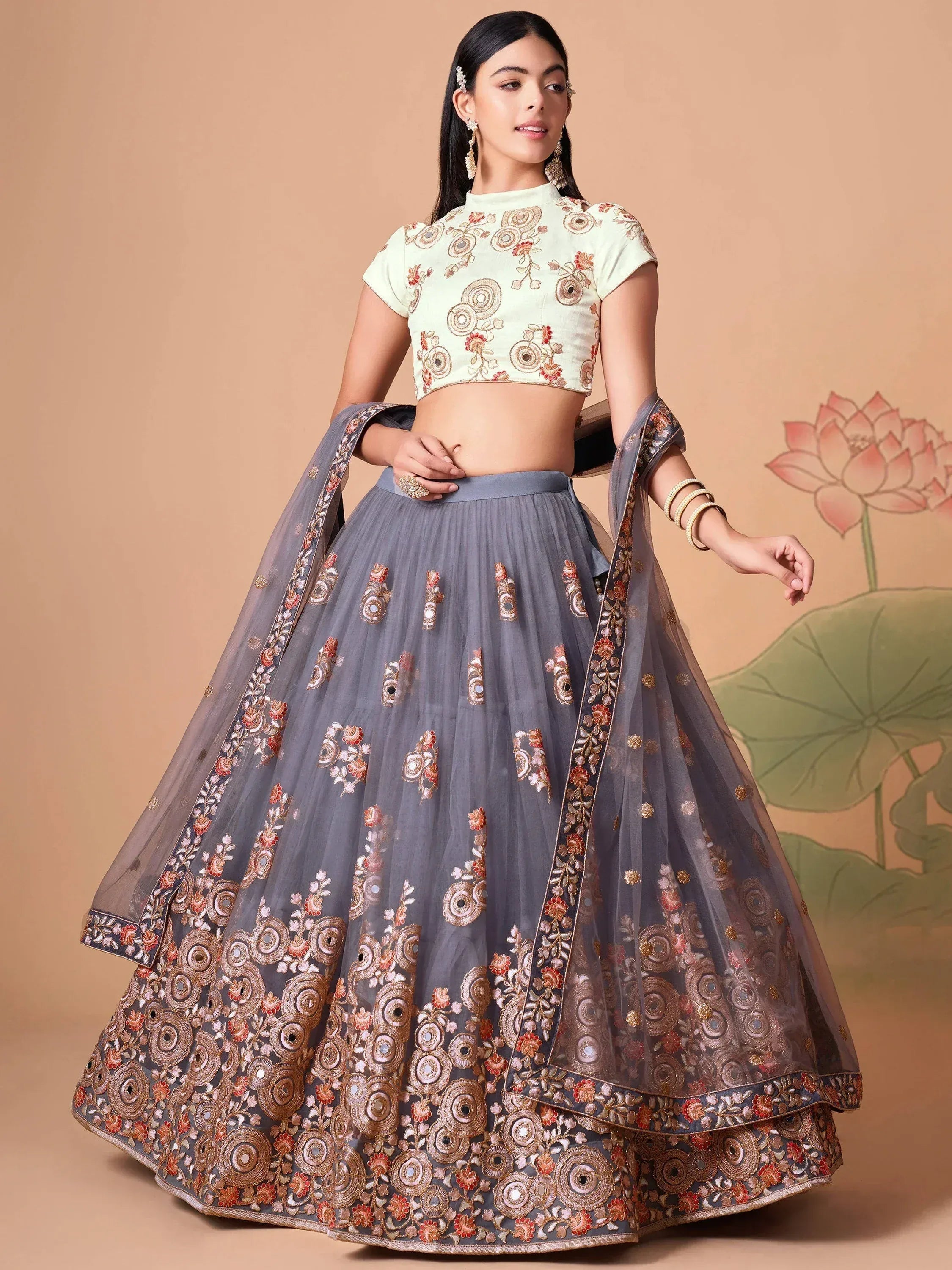 Tulsi Art Sumptuous Grey Mirror Work Net Designer Lehenga Choli