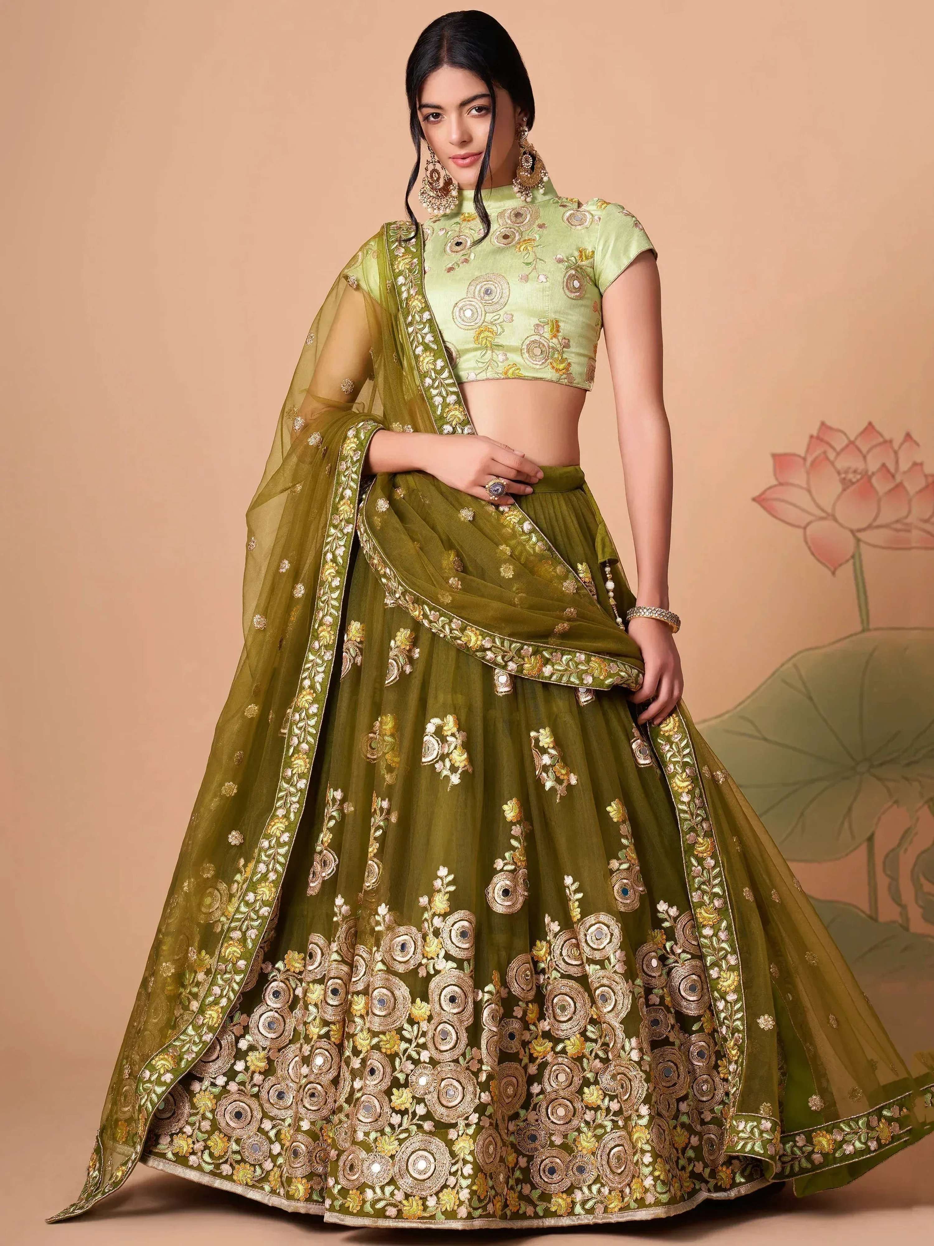 Tulsi Art Gorgeous Olive Green Embroidered Net Wedding Lehenga Choli - Dista