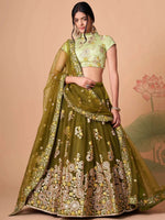 Thumbnail for Tulsi Art Gorgeous Olive Green Embroidered Net Wedding Lehenga Choli