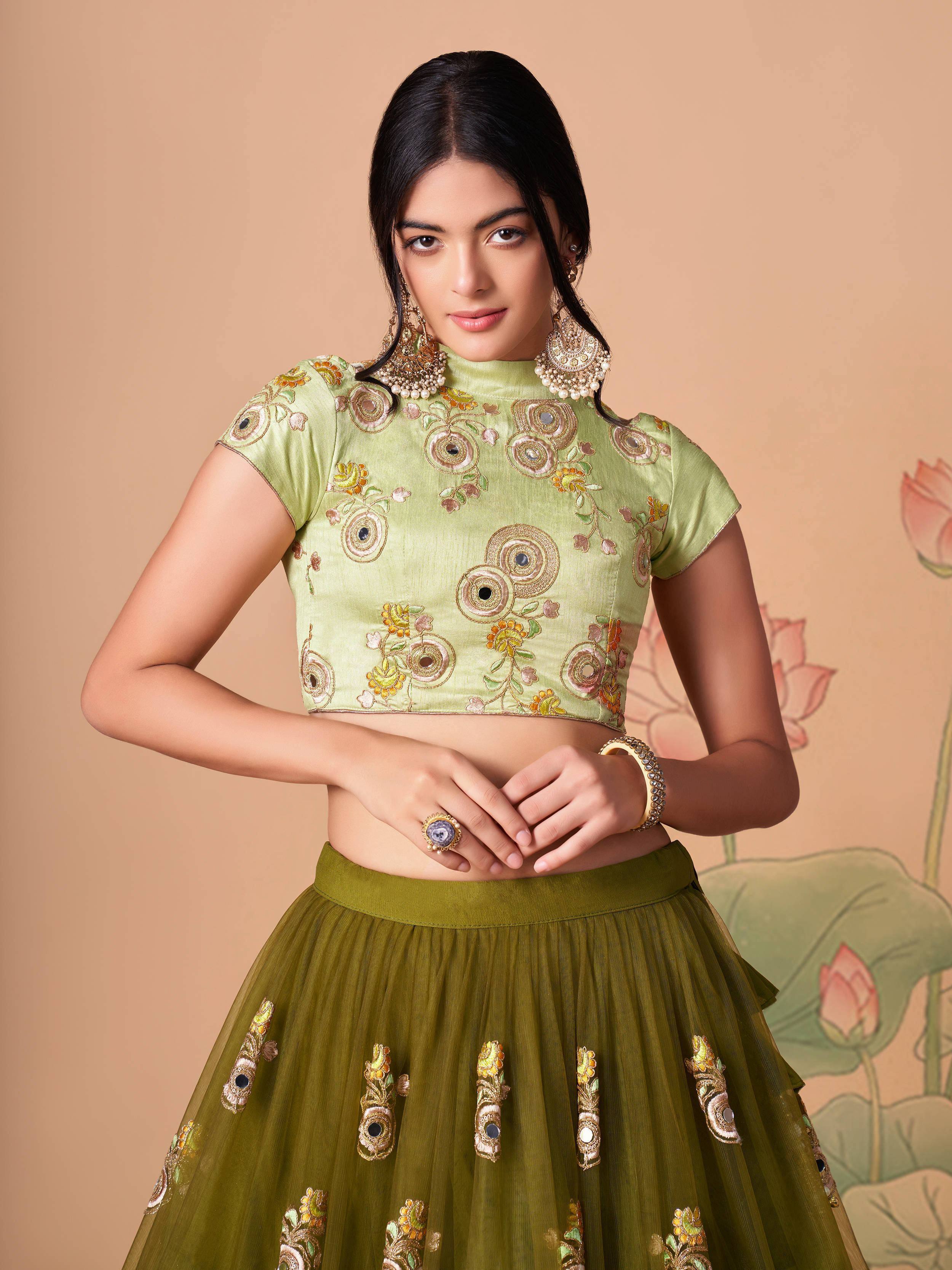 Tulsi Art Gorgeous Olive Green Embroidered Net Wedding Lehenga Choli