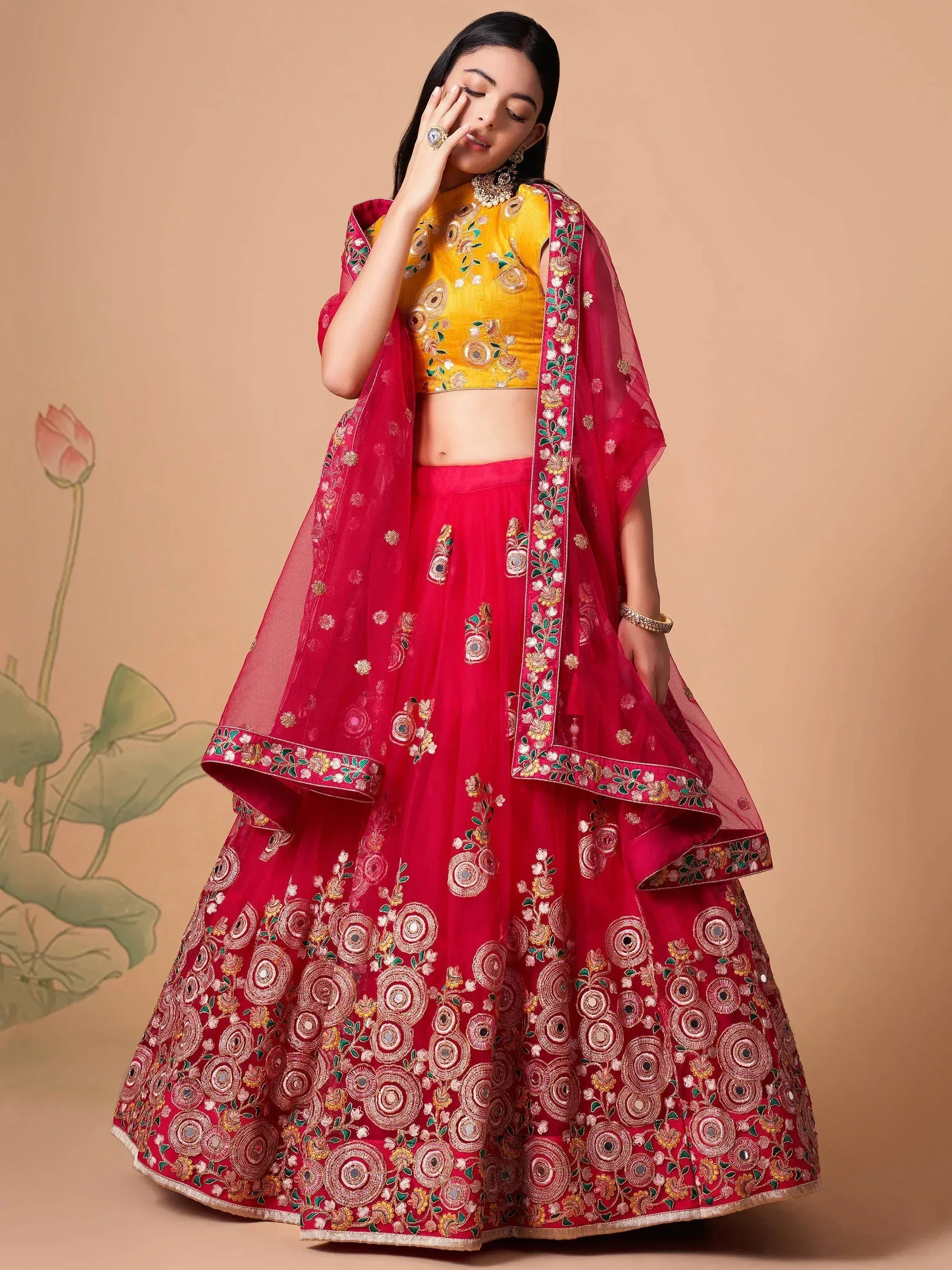 Tulsi Art Vibrant Pink Embroidered Net Designer Lehenga Choli
