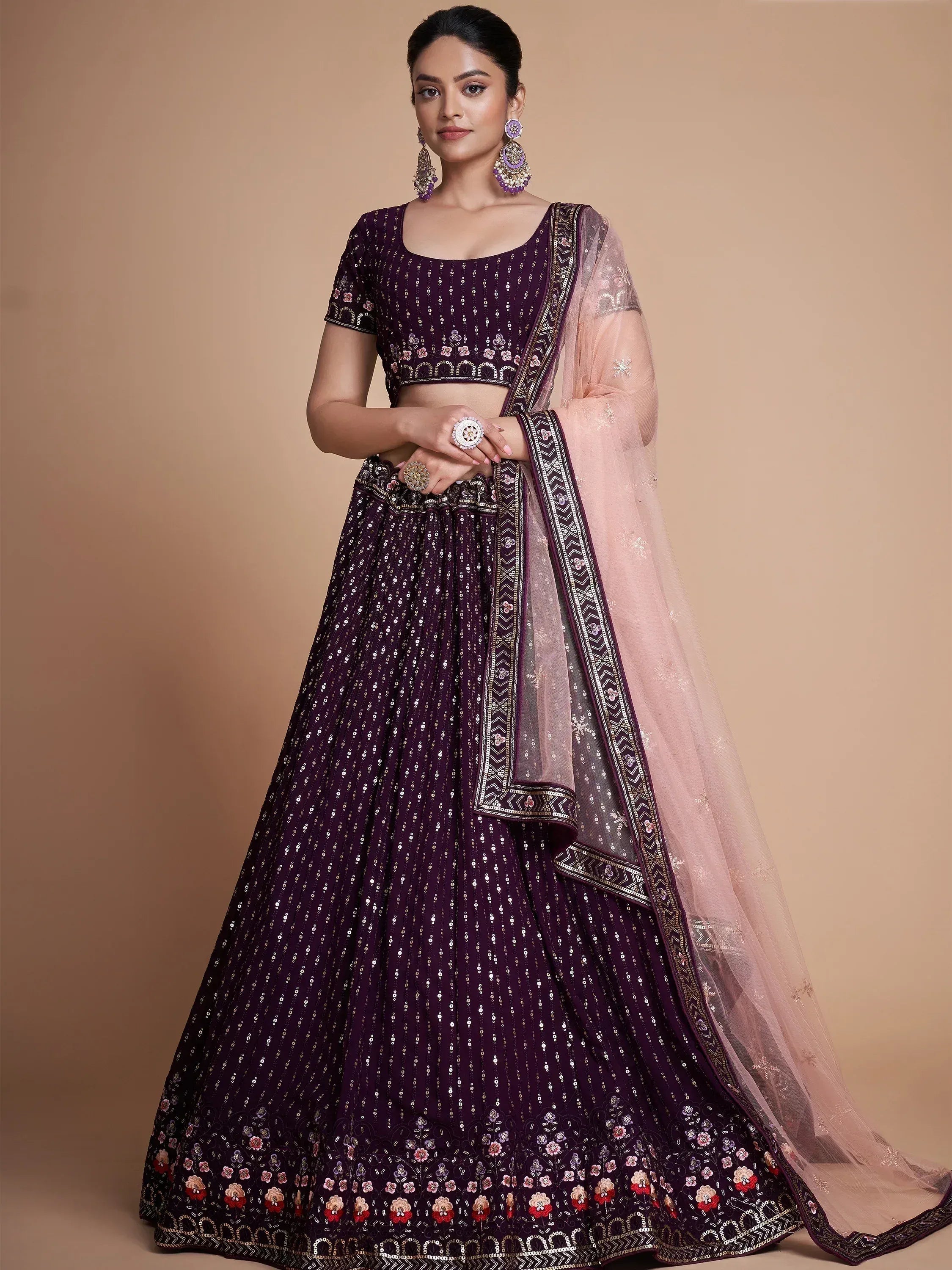 Tulsi Art Fantastic Wine Thread Embroidery Georgette Sangeet Party Lehenga Choli - Dista