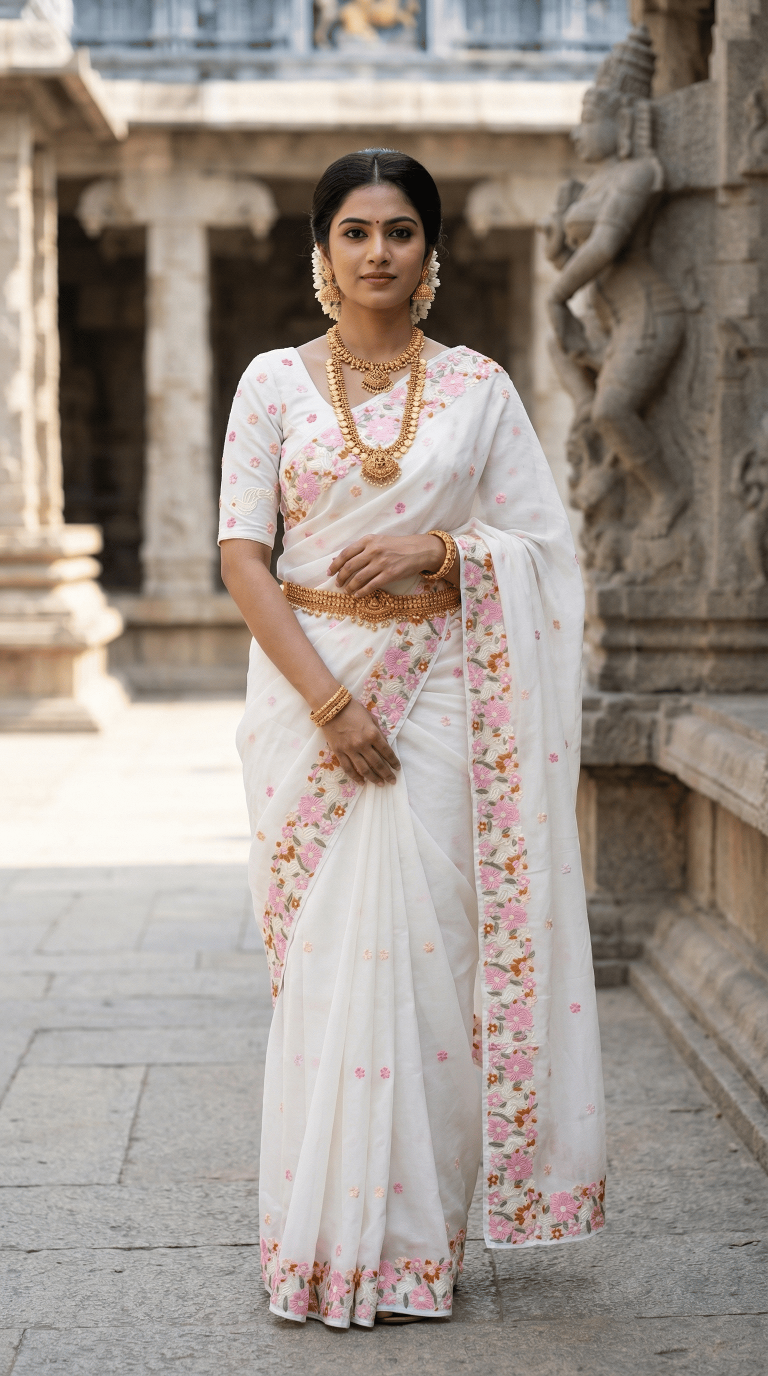 Mameraa Sarees White Premium Chiffon Saree With All Over Designer Embroidery-White - Dista