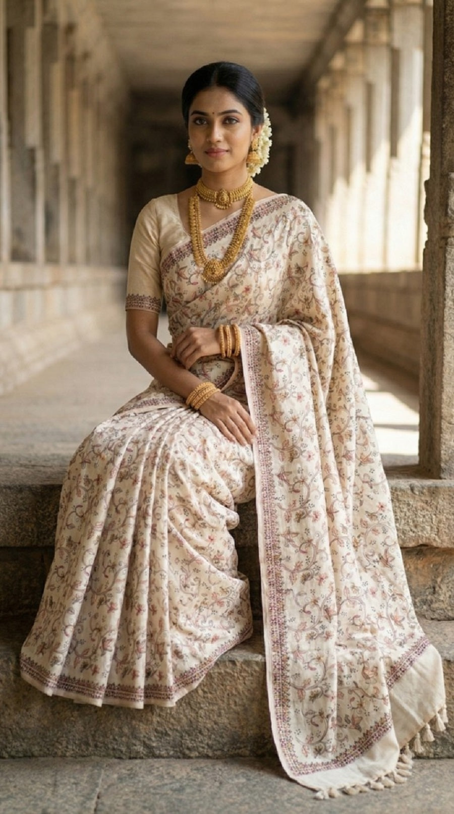 Mameraa Sarees Cream Pure Loom Tussar Saree With All Over Designer Embroidery-Cream - Dista