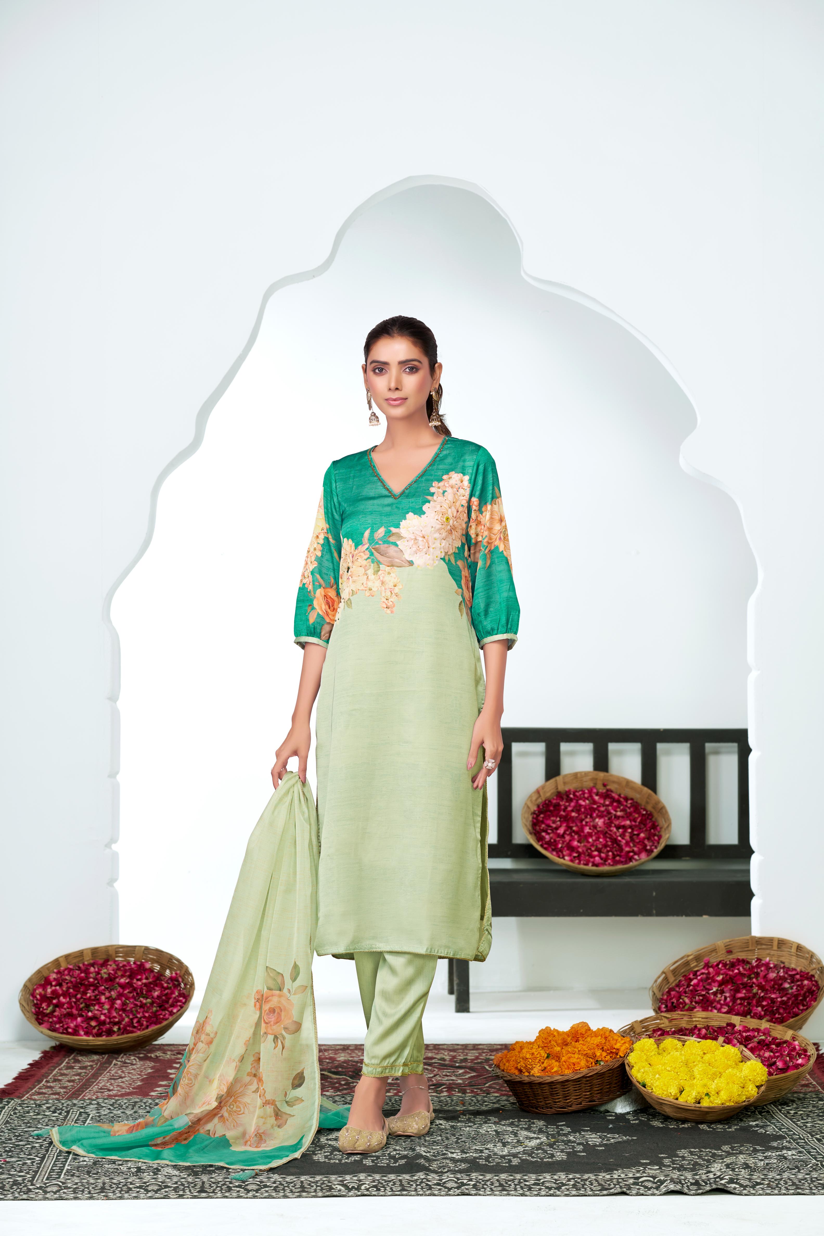 BulBul Tasneem Silk Teal Kurta Set with Dupatta