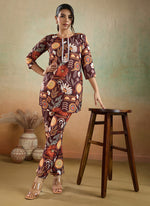 Thumbnail for Prazu Fashion Brown Printed Cotton Reyon Festival Wear Co-Ord Set - Distacart