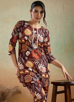 Thumbnail for Prazu Fashion Brown Printed Cotton Reyon Festival Wear Co-Ord Set - Distacart