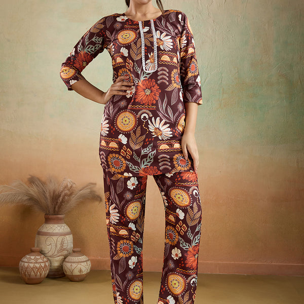 Prazu Fashion Brown Printed Cotton Reyon Festival Wear Co-Ord Set - Distacart