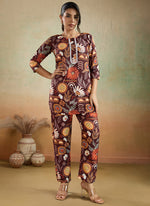 Thumbnail for Prazu Fashion Brown Printed Cotton Reyon Festival Wear Co-Ord Set - Distacart