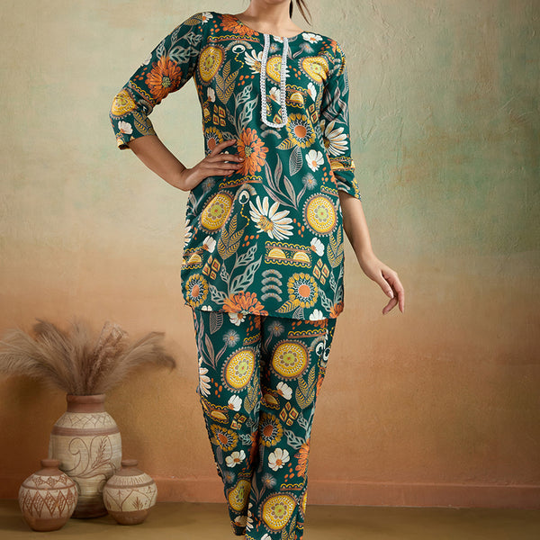 Prazu Fashion Green Printed Cotton Reyon Festival Wear Co-Ord Set - Distacart