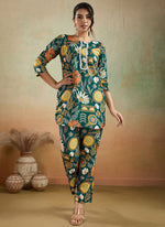 Thumbnail for Prazu Fashion Green Printed Cotton Reyon Festival Wear Co-Ord Set - Distacart