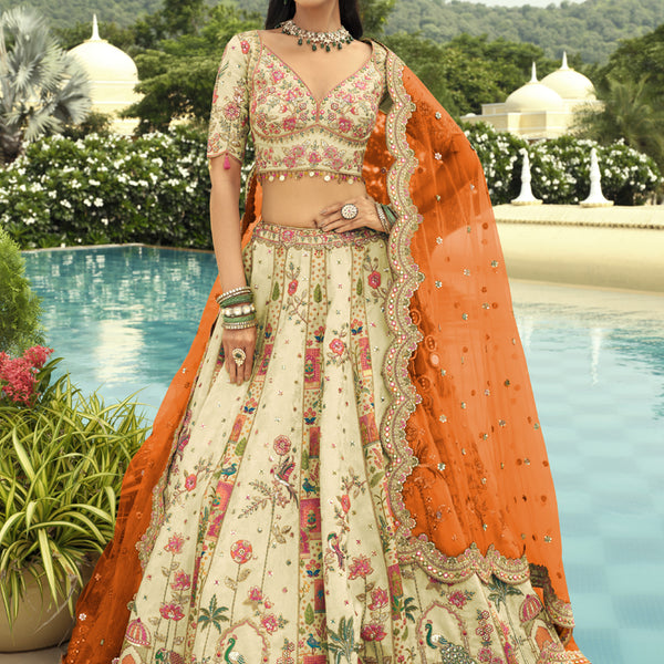 Vegaa Fashion Off White Silk Embroidered & Art Mirror Work Wedding Wear Lehenga Choli - Distacart