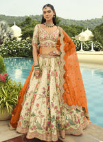 Thumbnail for Vegaa Fashion Off White Silk Embroidered & Art Mirror Work Wedding Wear Lehenga Choli - Distacart