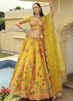Thumbnail for Vegaa Fashion Yellow Silk Embroidered & Art Mirror Work Wedding Wear Lehenga Choli - Distacart