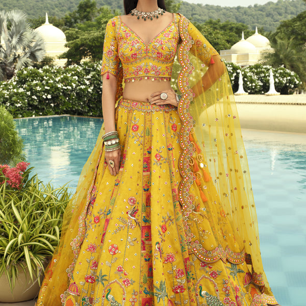 Vegaa Fashion Yellow Silk Embroidered & Art Mirror Work Wedding Wear Lehenga Choli - Distacart