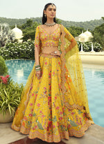 Thumbnail for Vegaa Fashion Yellow Silk Embroidered & Art Mirror Work Wedding Wear Lehenga Choli - Distacart