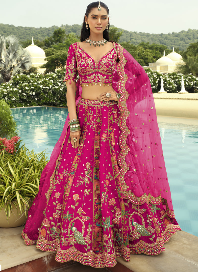 Vegaa Fashion Rani Pink Silk Embroidered & Art Mirror Work Wedding Wear Lehenga Choli - Distacart