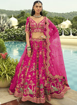 Thumbnail for Vegaa Fashion Rani Pink Silk Embroidered & Art Mirror Work Wedding Wear Lehenga Choli - Distacart
